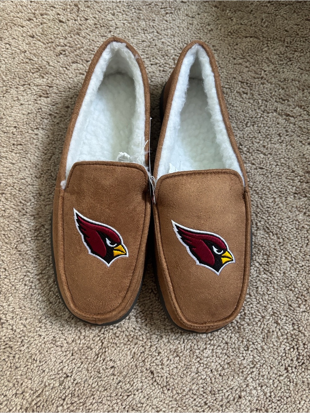 NFL Brown Suede Slip-On Slippers with Red Cardinal Logo